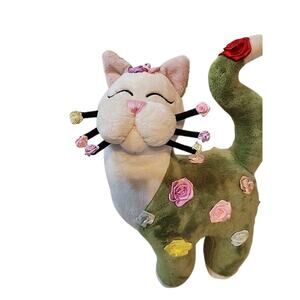 Whimsy Clay Plush Green White Kitty Cat Amy Lacombe Yellow Roses Floral 14"